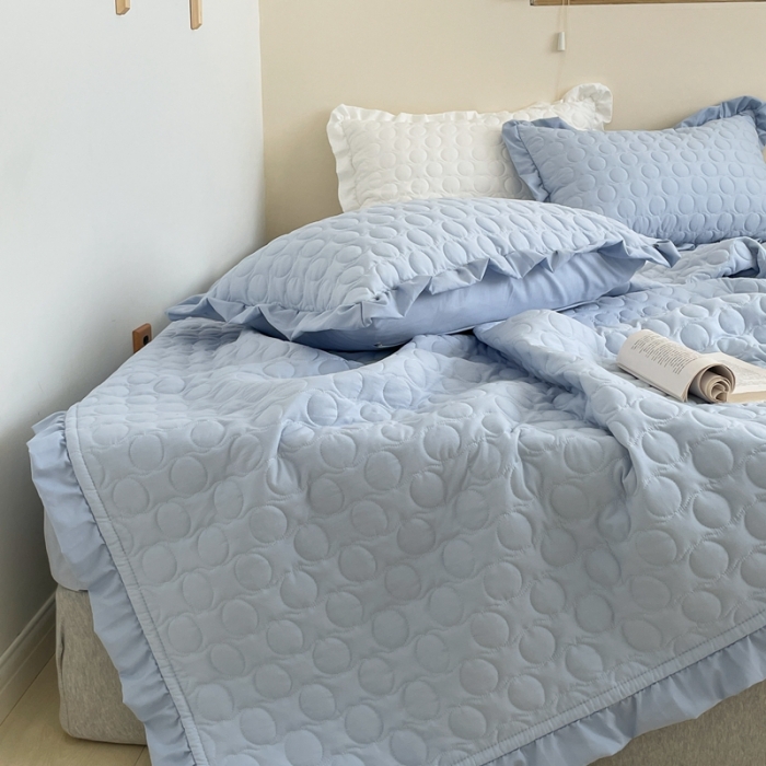 91家纺网 家纺一手货源 找家纺 六巷胡同 2023新款韩系ins波点绗缝床盖夏被四件套 蓝波点