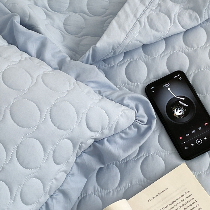 91家纺网 家纺一手货源 找家纺 六巷胡同 2023新款韩系ins波点绗缝床盖夏被四件套 蓝波点