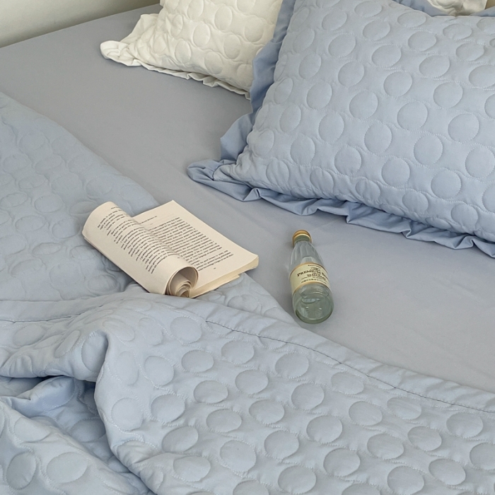 91家纺网 家纺一手货源 找家纺 六巷胡同 2023新款韩系ins波点绗缝床盖夏被四件套 蓝波点