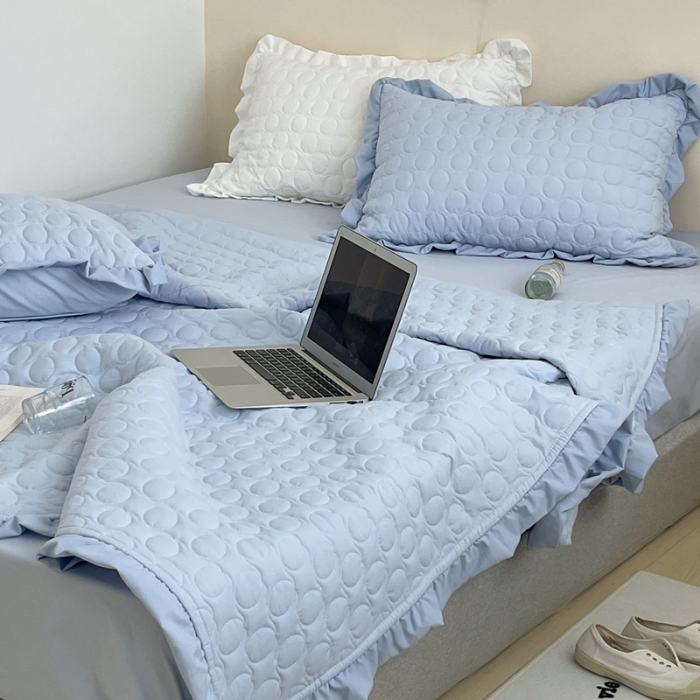 91家纺网 家纺一手货源 找家纺 六巷胡同 2023新款韩系ins波点绗缝床盖夏被四件套 蓝波点