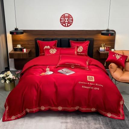 91家纺网 家纺一手货源 找家纺 甜咪咪 2022新款磨毛婚庆刺绣套件婚庆四件套 幸福驾到