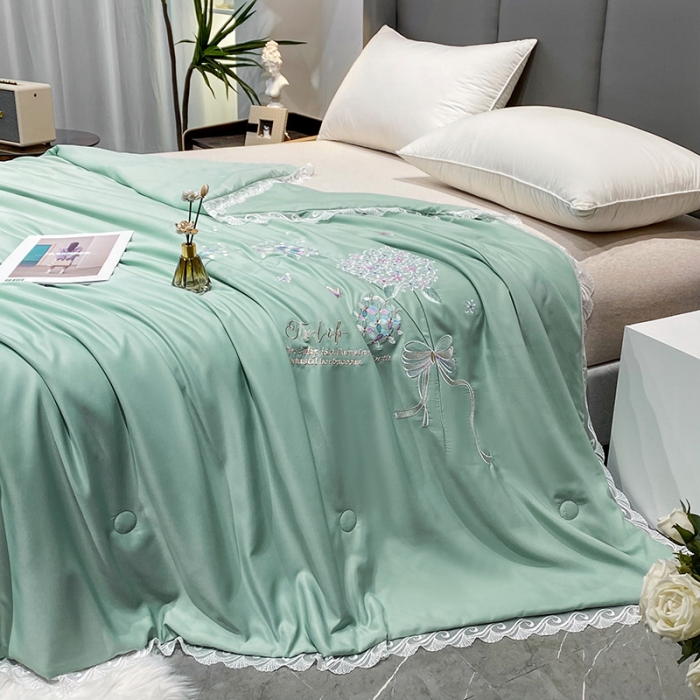 91家纺网 家纺一手货源 找家纺 吾秀 2022新款柔赛丝刺绣夏被-紫色爱恋 紫色爱恋-绿