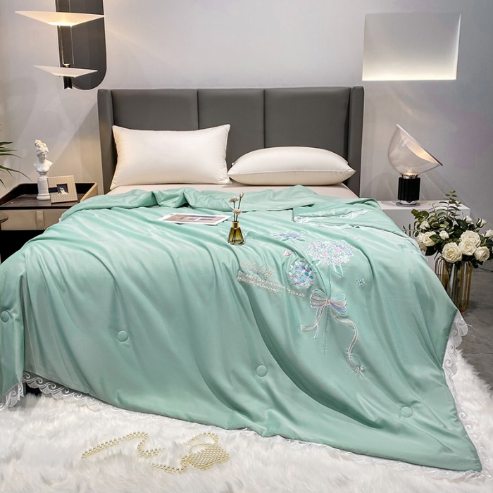 91家纺网 家纺一手货源 找家纺 吾秀 2022新款柔赛丝刺绣夏被-紫色爱恋 紫色爱恋-绿