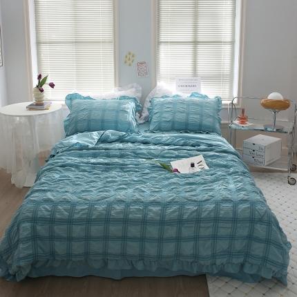 91家纺网 家纺一手货源 找家纺 仟网汇 2022新款韩版泡泡纱夏被四件套 湖蓝