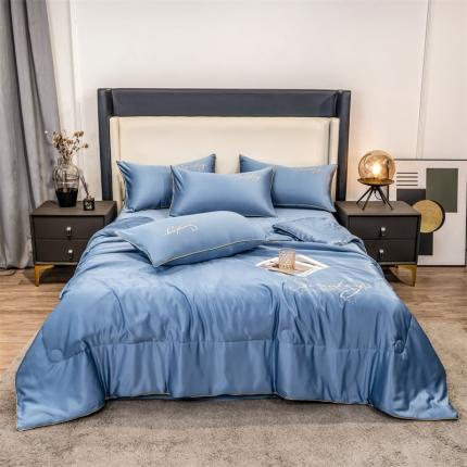 91家纺网 家纺一手货源 找家纺 骏腾 2022新款水洗真丝夏被四件套水洗天丝床笠三件套 浪漫假日-宾利蓝