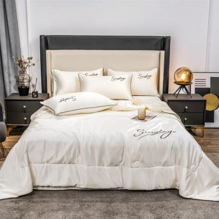 91家纺网 家纺一手货源 找家纺 骏腾 2022新款水洗真丝夏被四件套水洗天丝床笠三件套 浪漫假日-典雅白