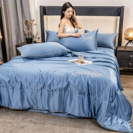 骏腾 2022新款水洗真丝夏被四件套水洗天丝床笠三件套 浪漫假日-宾利蓝