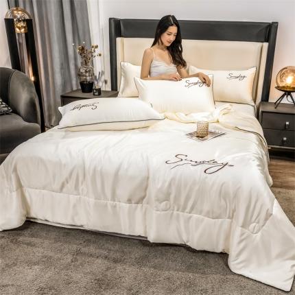 骏腾 2022新款水洗真丝夏被四件套水洗天丝床笠三件套 浪漫假日-典雅白