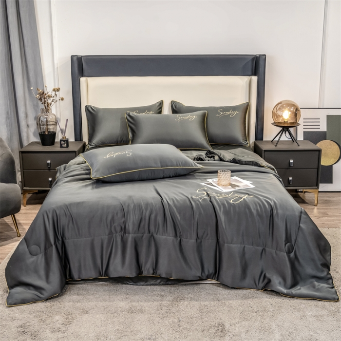 91家纺网 家纺一手货源 找家纺 骏腾 2022新款水洗真丝夏被四件套水洗天丝床笠三件套 浪漫假日-绅士灰