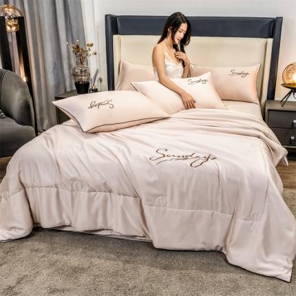 骏腾 2022新款水洗真丝夏被四件套水洗天丝床笠三件套 浪漫假日-香槟金