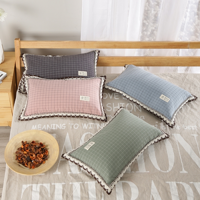 91家纺网 家纺一手货源 找家纺 明星枕业 2022新款纯棉水洗棉格子荞麦枕 绿格-30*50