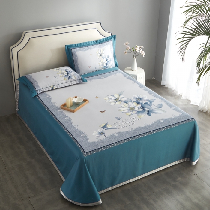 91家纺网 家纺一手货源 找家纺 威克凯丽 2022新竹语天丝凉席数码印花三件套 繁花梦语-绿