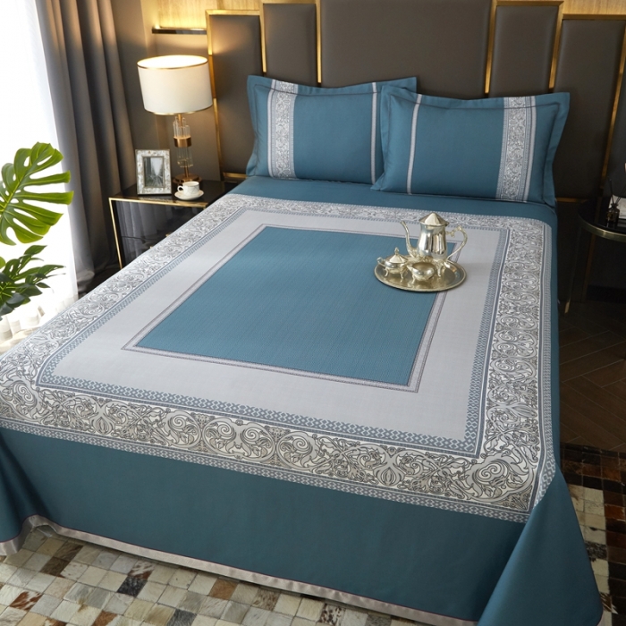 91家纺网 家纺一手货源 找家纺 威克凯丽 2022新竹语天丝软凉席印花三件套 漫步田园-海蓝