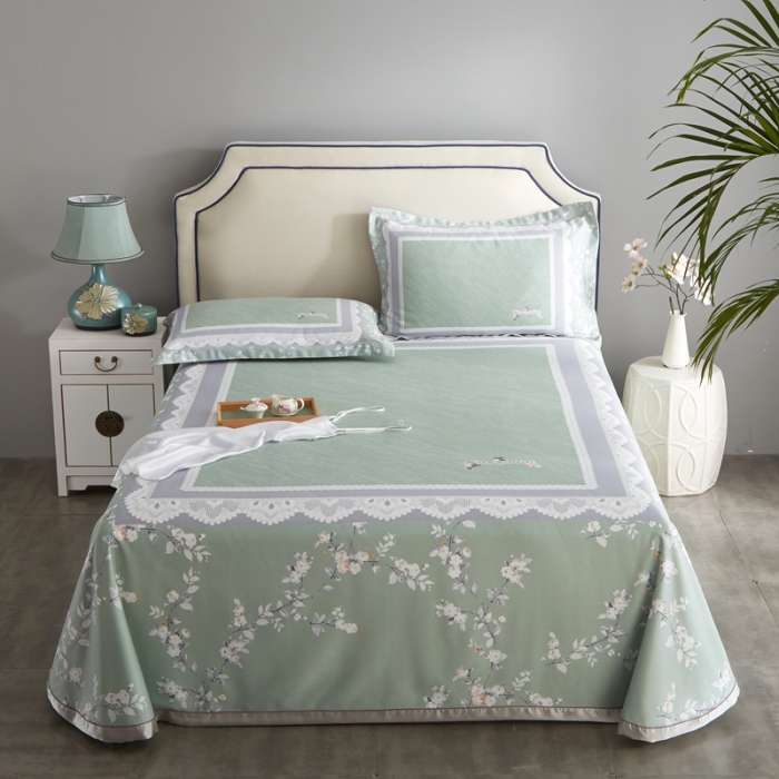 91家纺网 家纺一手货源 找家纺 威克凯丽 2023新款竹语天丝软凉席数码印花三件套 夏沫-绿