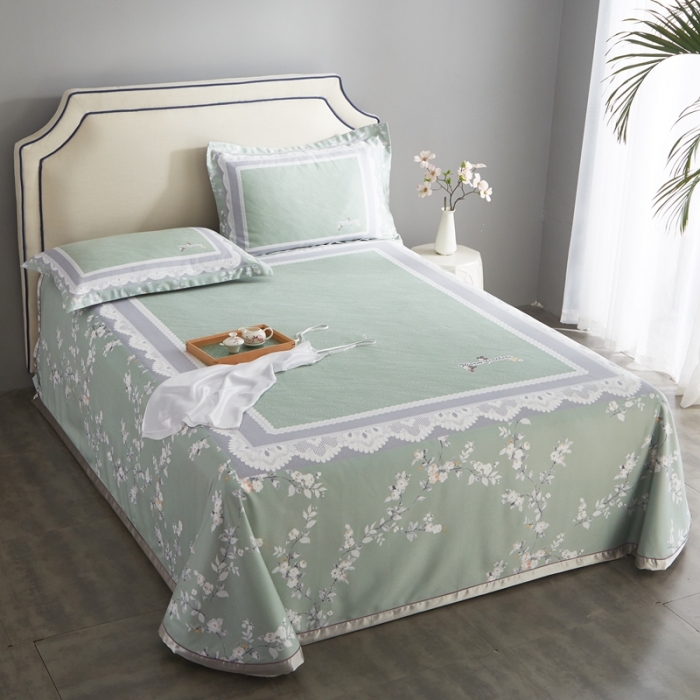 91家纺网 家纺一手货源 找家纺 威克凯丽 2023新款竹语天丝软凉席数码印花三件套 夏沫-绿