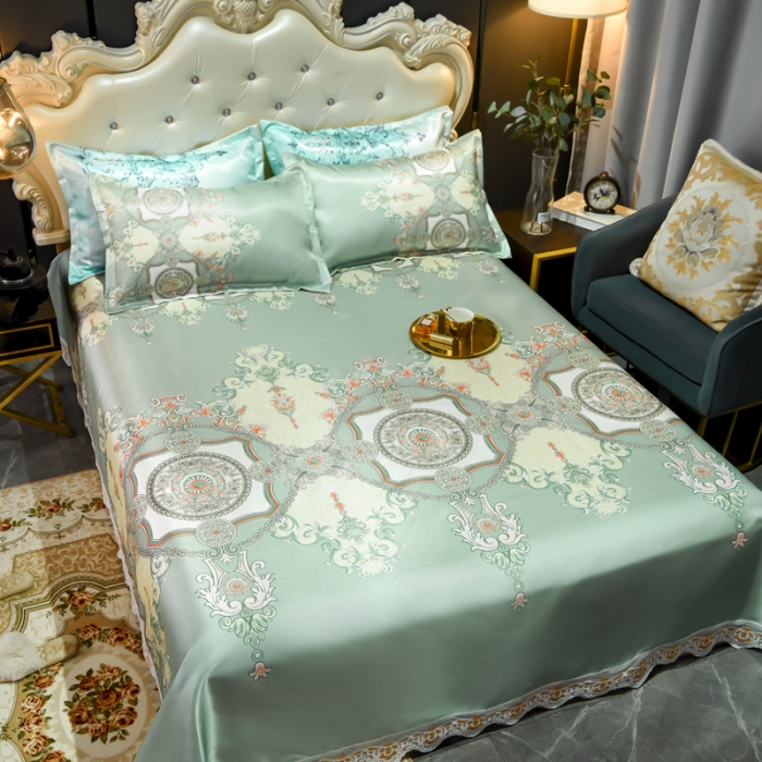 91家纺网 家纺一手货源 找家纺 ds生活馆 2022新款欧式蕾丝花边床单款凉席冰丝席维纳斯绿