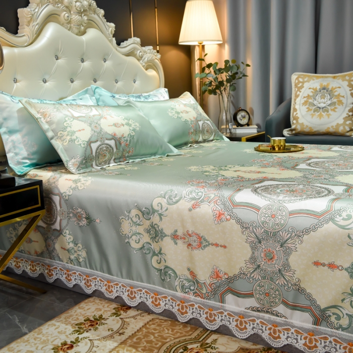 91家纺网 家纺一手货源 找家纺 ds生活馆 2022新款欧式蕾丝花边床单款凉席冰丝席维纳斯绿