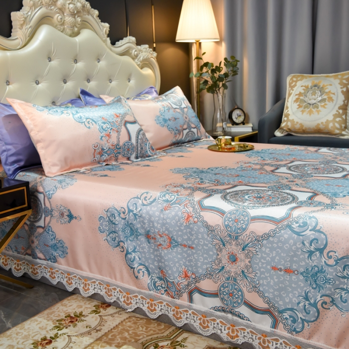 91家纺网 家纺一手货源 找家纺 ds生活馆 2022新款欧式蕾丝花边床单款凉席冰丝席维纳斯粉