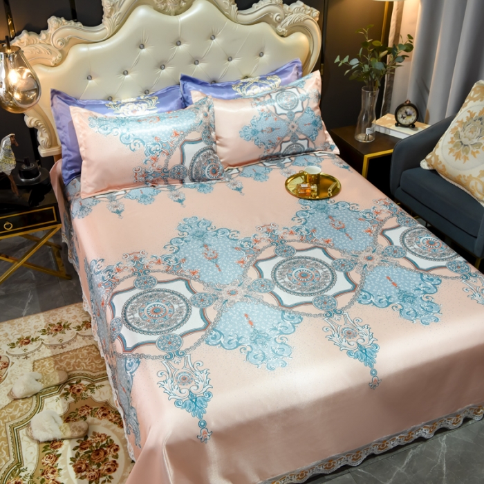 91家纺网 家纺一手货源 找家纺 ds生活馆 2022新款欧式蕾丝花边床单款凉席冰丝席维纳斯粉