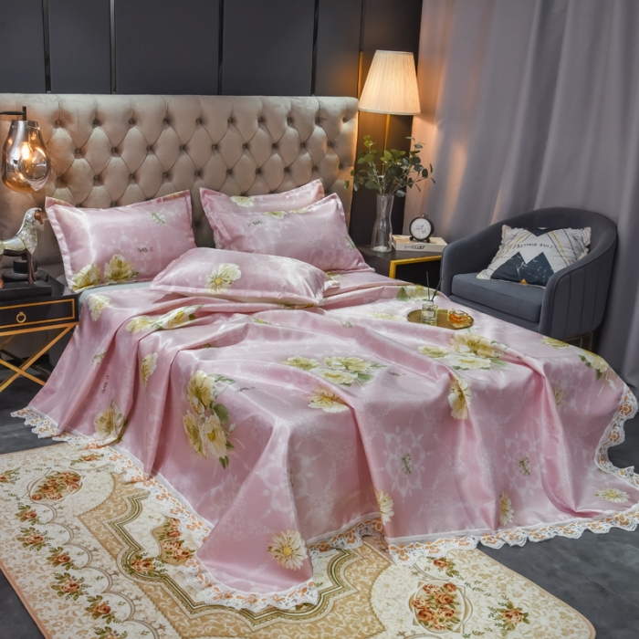 91家纺网 家纺一手货源 找家纺 ds生活馆2022新款欧式蕾丝花边床单款凉席冰丝席曼妙舞姿红