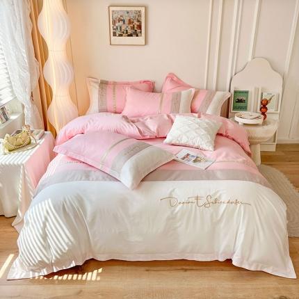 91家纺网 家纺一手货源 找家纺 （总）惯盈 2022新款全棉四件套40支拼色刺绣四件套-洛依