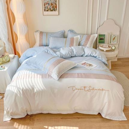 91家纺网 家纺一手货源 找家纺 （总）惯盈 2022新款全棉四件套40支拼色刺绣四件套-洛依