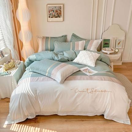 91家纺网 家纺一手货源 找家纺 （总）惯盈 2022新款全棉四件套40支拼色刺绣四件套-洛依