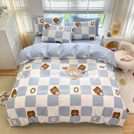 91家纺网 家纺一手货源 找家纺 晨希家居 2022全棉印花13372小清新多规格套件蓝格小熊