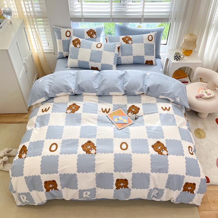 91家纺网 家纺一手货源 找家纺 晨希家居 2022全棉印花13372小清新多规格套件蓝格小熊