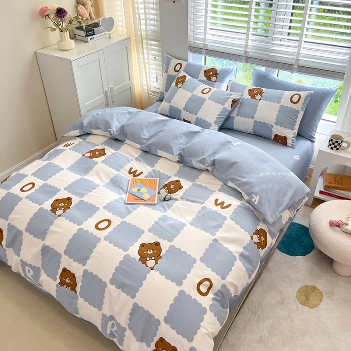 91家纺网 家纺一手货源 找家纺 晨希家居 2022全棉印花13372小清新多规格套件蓝格小熊