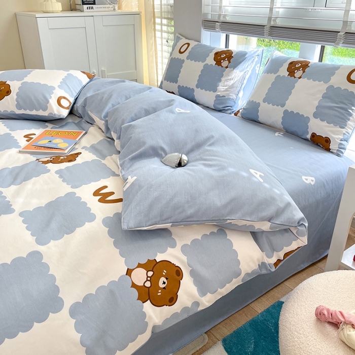 91家纺网 家纺一手货源 找家纺 晨希家居 2022全棉印花13372小清新多规格套件蓝格小熊