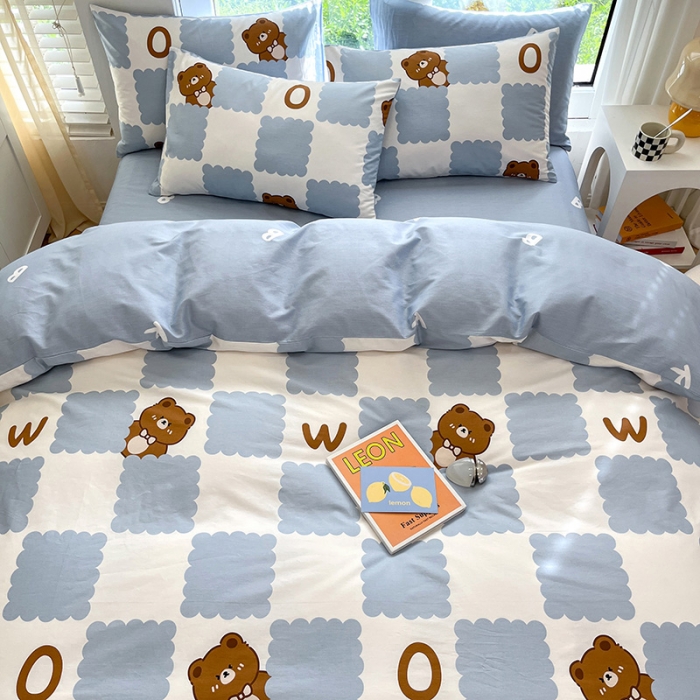 91家纺网 家纺一手货源 找家纺 晨希家居 2022全棉印花13372小清新多规格套件蓝格小熊