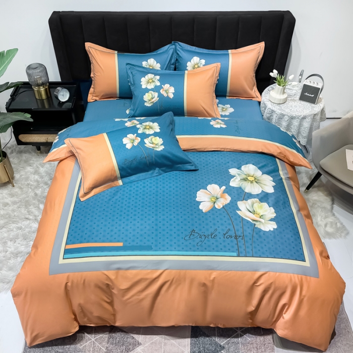 91家纺网 家纺一手货源 找家纺 金爱家 2023新款大版13372全棉花卉系列四件套 赫拉桔