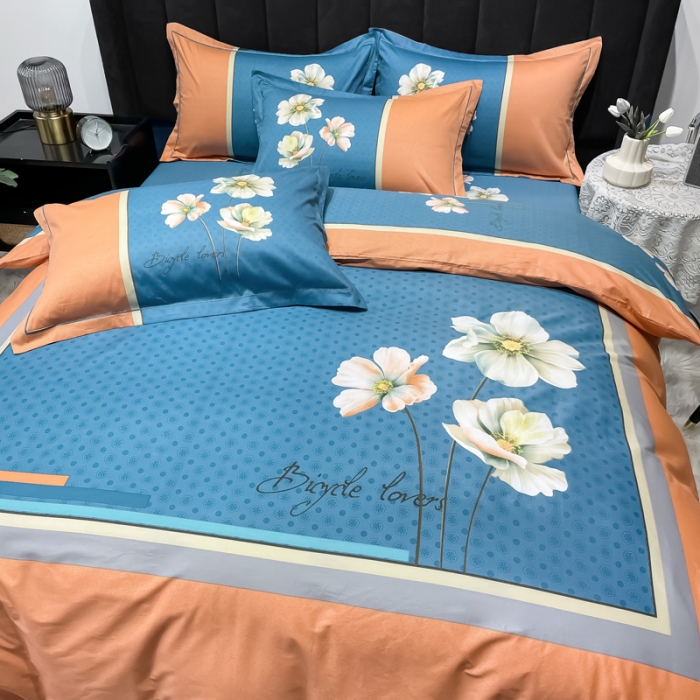 91家纺网 家纺一手货源 找家纺 金爱家 2023新款大版13372全棉花卉系列四件套 赫拉桔