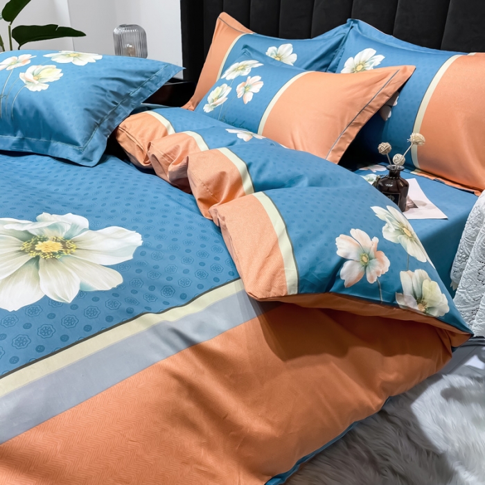 91家纺网 家纺一手货源 找家纺 金爱家 2023新款大版13372全棉花卉系列四件套 赫拉桔