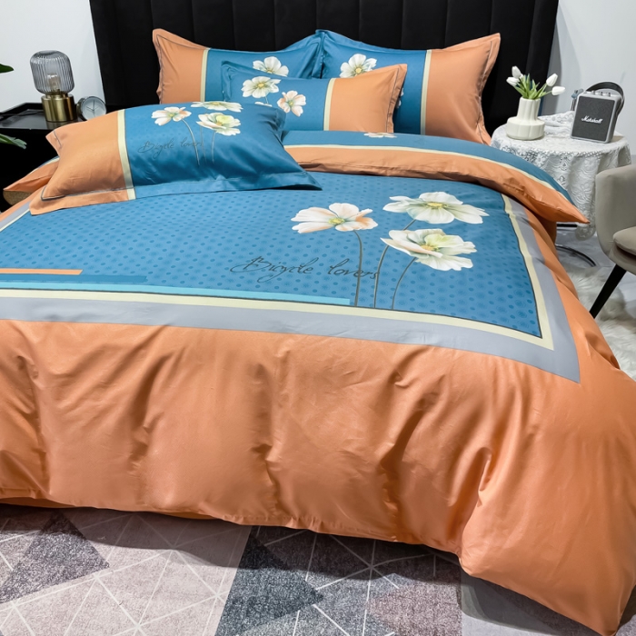 91家纺网 家纺一手货源 找家纺 金爱家 2023新款大版13372全棉花卉系列四件套 赫拉桔