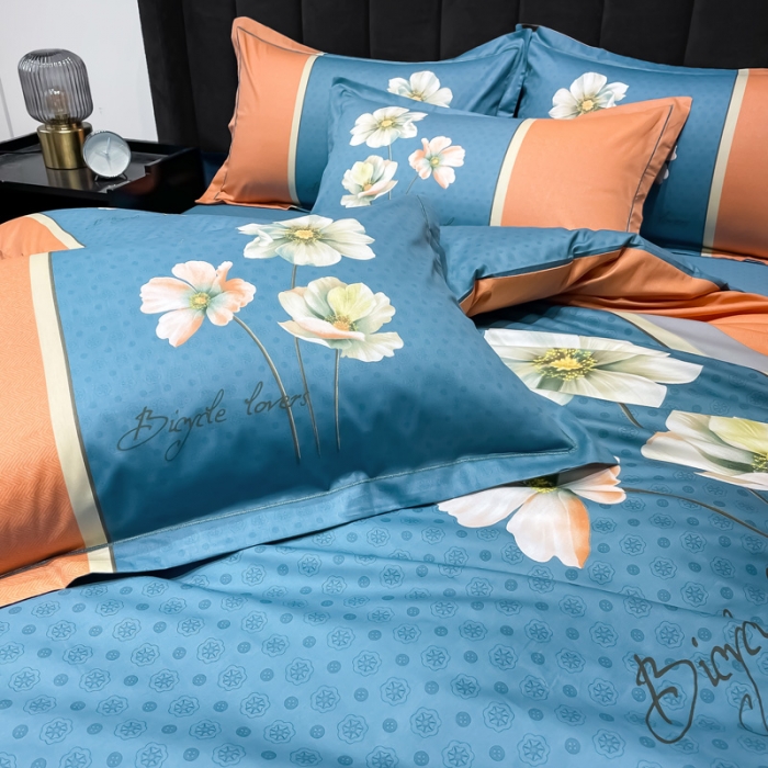 91家纺网 家纺一手货源 找家纺 金爱家 2023新款大版13372全棉花卉系列四件套 赫拉桔