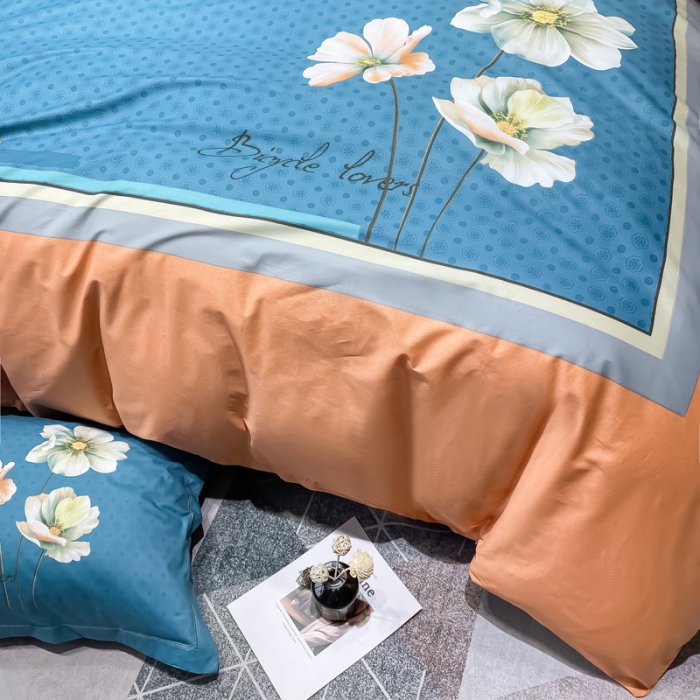 91家纺网 家纺一手货源 找家纺 金爱家 2023新款大版13372全棉花卉系列四件套 赫拉桔