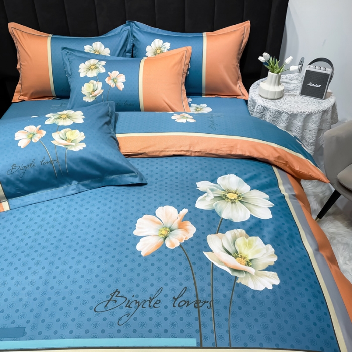 91家纺网 家纺一手货源 找家纺 金爱家 2023新款大版13372全棉花卉系列四件套 赫拉桔