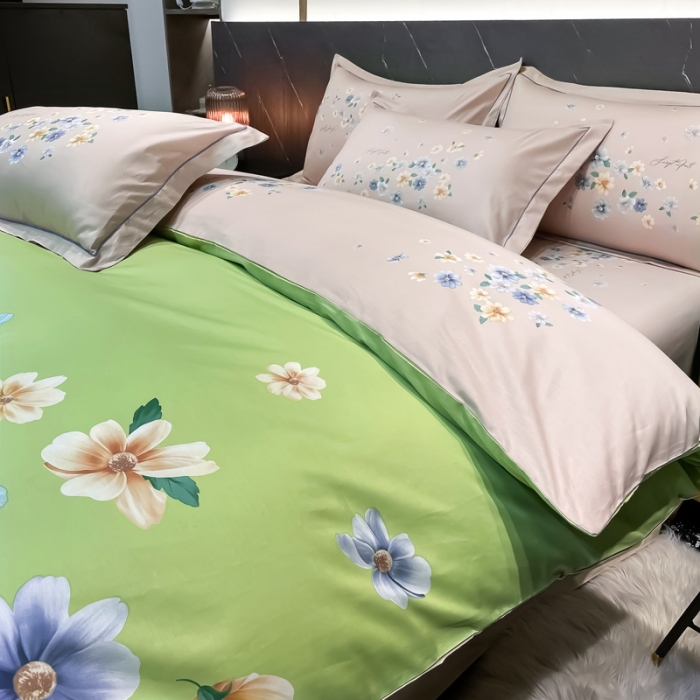 91家纺网 家纺一手货源 找家纺 金爱家2023新款大版13372全棉花卉系列四件套倾世流年绿