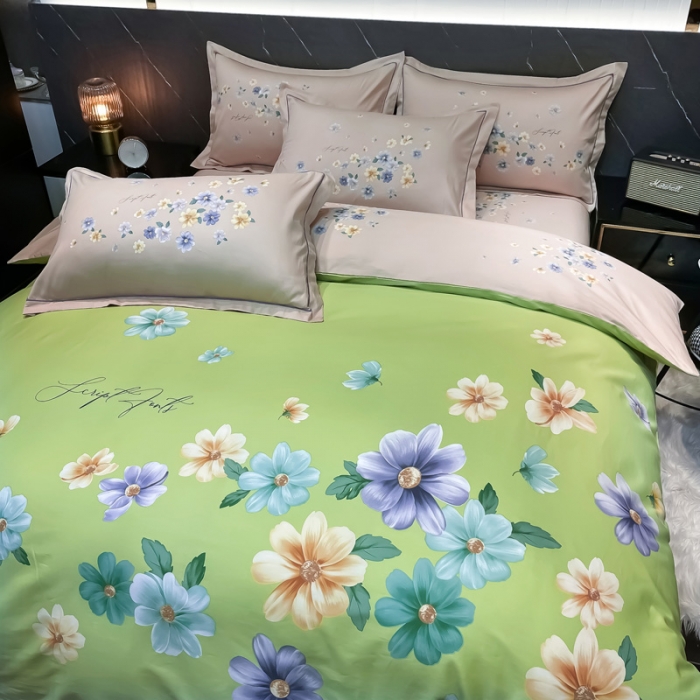 91家纺网 家纺一手货源 找家纺 金爱家2023新款大版13372全棉花卉系列四件套倾世流年绿