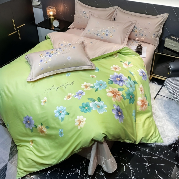 91家纺网 家纺一手货源 找家纺 金爱家2023新款大版13372全棉花卉系列四件套倾世流年绿