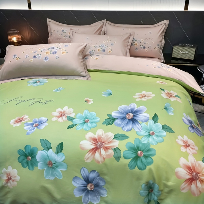 91家纺网 家纺一手货源 找家纺 金爱家2023新款大版13372全棉花卉系列四件套倾世流年绿