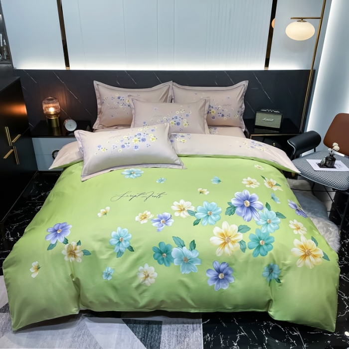 91家纺网 家纺一手货源 找家纺 金爱家2023新款大版13372全棉花卉系列四件套倾世流年绿