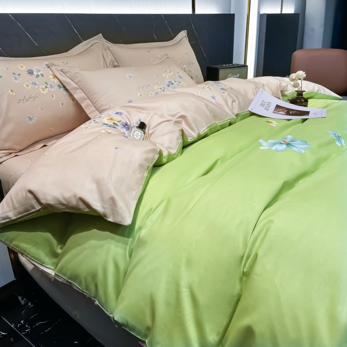 91家纺网 家纺一手货源 找家纺 金爱家2023新款大版13372全棉花卉系列四件套倾世流年绿