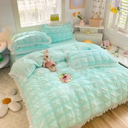 91家纺网 家纺一手货源 找家纺 逸尚阁 2022新款泡泡纱方格四件套 泡泡纱方格—水绿