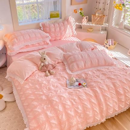 91家纺网 家纺一手货源 找家纺 （总）逸尚阁 2023新款韩版花边泡泡纱方格四件套水洗棉