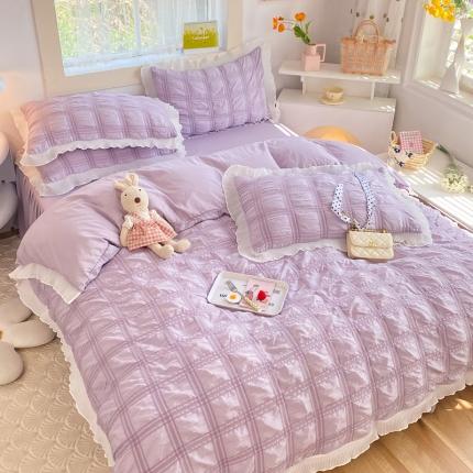 91家纺网 家纺一手货源 找家纺 （总）逸尚阁 2023新款韩版花边泡泡纱方格四件套水洗棉