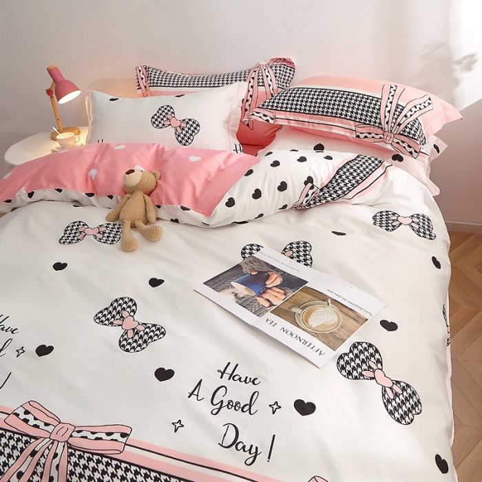 91家纺网 家纺一手货源 找家纺 晶缦 2022新款全棉12868全棉印花套件萌新系列单床单-四件套 蝴蝶结