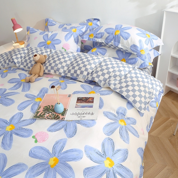 91家纺网 家纺一手货源 找家纺 晶缦 2022新款全棉12868全棉印花套件萌新系列单床单-四件套 蓝恋花